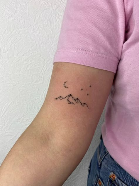 Colorado Inspired Tattoos Small, Tattoo Phrase Placement, Micro Arm Tattoo, Rocky Mountain Tattoo Simple, Mountain With A View Tattoo, Mountains Fine Line Tattoo, A Court Of Dreams Tattoo, Small Mountain Range Tattoo, Sarah J Maas Tattoo Acotar