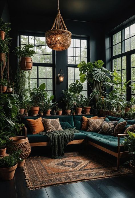 35 Gorgeous Dark Boho Living Room Inspirations 59 Modern Boho Living Room Apartment, Jungle Decor Living Room, Forest Inspired Living Room, Dark Cottagecore Living Room, Industrial Boho Living Room, Boho Industrial Living Room, Jungle Living Room, Boho Industrial Decor, Moody Library