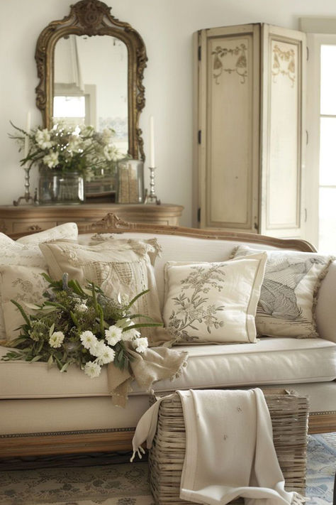 Classic French Country Old World Charm. #provence, #livingroom, #sofa, #mirror image: the home of fash French Provincial Decor Living Room, French Provincial Home Decor, French Provincial Living Room, French Cottage Living Room, French Provincial Bed, White Dining Room Sets, Calming Decor, French Room, French Provincial Decor