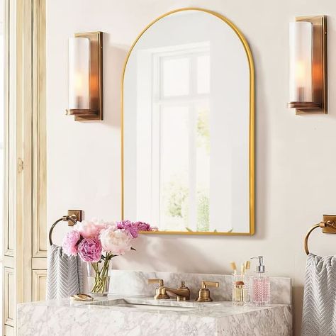 Modern Arch Bathroom Wall-mounted Mirror Vanity Mirror - Bed Bath & Beyond - 37170130 Arch Bathroom Mirror, Arch Bathroom, Gold Arch Mirror, Salon Gold, Arched Wall Mirror, Arched Wall, Wall Vanity, Entryway Mirror, Gold Mirror Wall