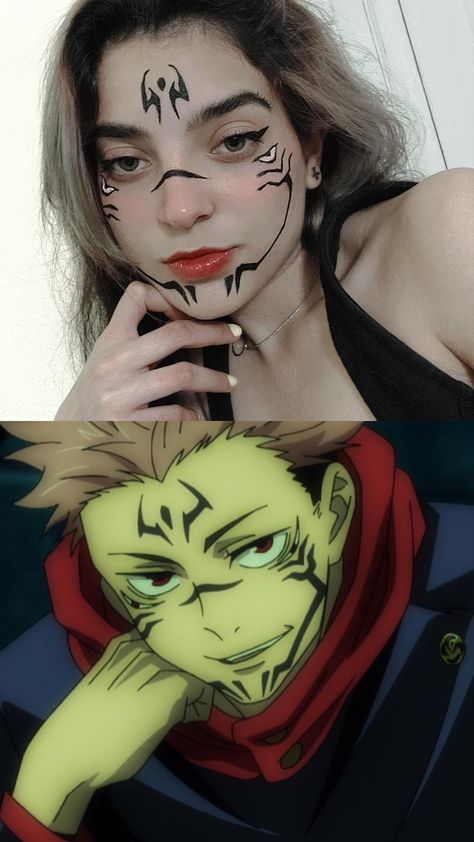 Sukuna makeup cosplay genderbender Sukuna Make-up, Anime Halloween Makeup, Sukuna Makeup, Make Up Cosplay, Simple Cosplay Ideas, Anime Make-up, Hot Takes, Makeup Cosplay, Easy Cosplay