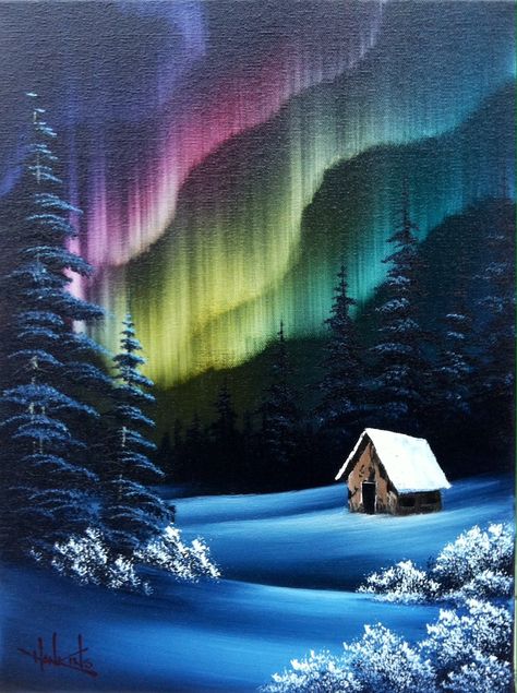 Aurora Borealis Painting, Northern Lights Art, Northern Lights Painting, Desen Realist, Winter Landscape Painting, Canvas Painting Designs, Seni Cat Air, Winter Painting, Canvas Painting Diy