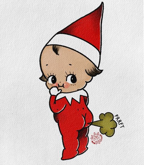 Cheeky little thing • • #christmas #elfontheshelf #kewpie #fart #cheeky Christmas Cartoon Drawings, Christmas Cute Drawing, Christmas Kewpie, Drawings For Christmas, Kewpie Christmas, Halloween Kewpie, Christmas Tattoo Ideas, Bouquet Pictures, Kewpie Tattoo