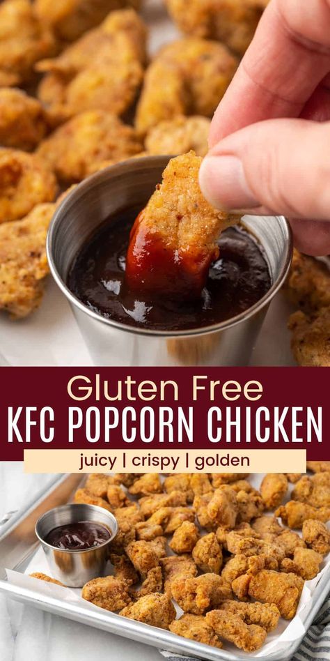 Homemade Gluten Free KFC Popcorn Chicken is a fun and easy meal or appetizer that the whole family goes crazy for! This gluten-free fried chicken recipe cooks up irresistibly juicy, crispy, and golden right in the comfort of your own kitchen. Gluten Free Recipes And Dairy Free, Fast Easy Gluten Free Dinner, Gluten Free Chicken Patties, Good Gluten Free Recipes, Gluten Free Elephant Ears Recipe, Easy Gluten Free Chicken Recipes, Df Gf Recipes Dinner, Gluten Free Meals For A Crowd, Going Gluten Free For Beginners