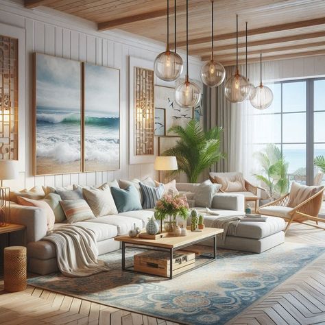 Modern Coastal Living Room Modern Beach Cottage Living Room, Coastal Sunroom Ideas, Beach Living Room Ideas, Modern Beach Living Room, Living Room Vs Family Room, California Coastal Interior Design, Coastal Sunroom, Modern Coastal Living Room Ideas, Beach Cottage Living Room