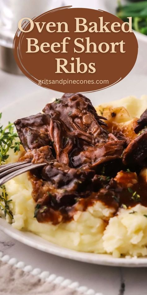 Looking for a delicious recipe for a dinner? Oven baked beef ribs are a delicious meal idea that is sure to be a hit with the family! This easy recipe is full of flavor and a classic comfort food. When these short ribs are cooked low and slow, they are so tender the meat falls off the bone! This meal can be made ahead of time and reheated, so it's perfect for serving your family or dinner guests! Braised Beef Short Ribs Oven, Oven Baked Short Ribs, Baked Beef Short Ribs, Baked Short Ribs, Short Ribs Recipe Oven, Beef Short Rib Recipes Oven, Short Ribs Dutch Oven, Beef Short Ribs Oven, Best Short Rib Recipe