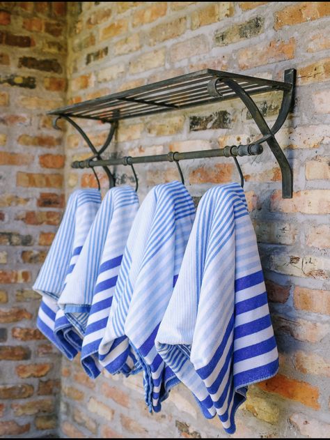 Pool Mudroom Ideas, Towel Racks For Pool Area, Pool Towels Drying, Pool House Towel Hooks, Pool Towel Organization Ideas, Pool Towel Hanging Ideas, Towel Rack For Hot Tub, Towel Valet Pool, Outside Towel Rack Ideas