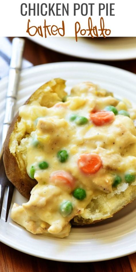 Stuffed Baked Potatoes Main Dishes, Pot Pie Sauce, Creamy Pot Pie, Sides Potatoes, Baked Potato Dinner, Recipe With Potatoes, Baked Potato Toppings, Chicken Potato Bake, Baked Potato Bar