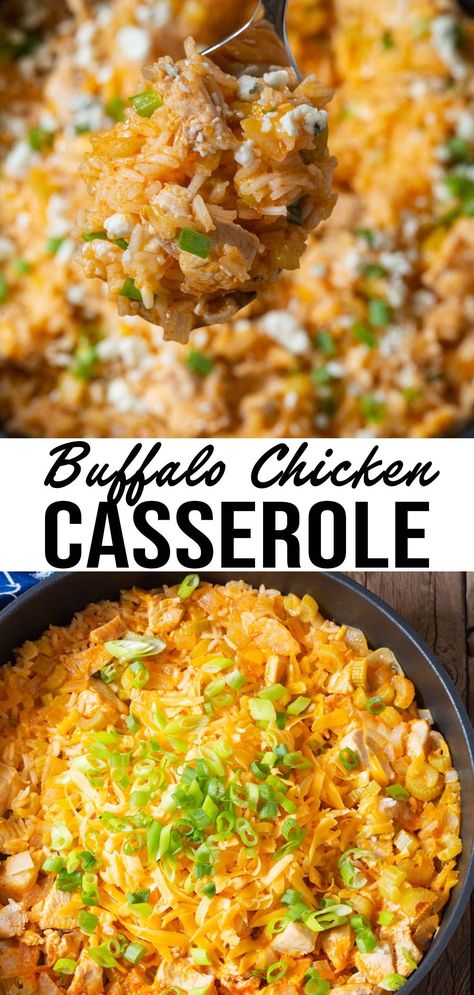 One-Pan Buffalo Chicken Casserole – A zesty skillet chicken recipe loaded with cheesy rice, buffalo sauce, and blue cheese! Buffalo Rice Recipe, Buffalo Rice Bowl, Meal Prep Ideas Buffalo Chicken, One Pan Buffalo Chicken And Rice, One Pan Cheesy Buffalo Chicken Rice, Buffalo Chicken Blue Cheese Casserole, Loaded Buffalo Chicken Casserole, Buffalo Casserole Recipes, Rotisserie Buffalo Chicken Recipes