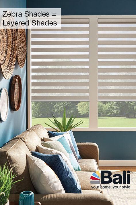 Zebra Shades are what Bali calls Layered Shades! Learn more about these fun and functional shades in our new blog! [Layered Shades: Salty Air, Light Mist] Layered Shades, Bali Blinds, Zebra Shades, Blinds And Shades, Zebra Blinds, Horizontal Blinds, Sheer Shades, Window Treatments Living Room, Bamboo Shades