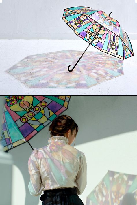 A large see-through umbrella from Japan with a beautiful stained glass pattern that allows colorful light to shine through, but not the rain. Transparent Umbrella, Stained Glass Pattern, Umbrellas Parasols, Glass Pattern, Cute Room Decor, Stained Glass Patterns, Stained Glass Art, To Shine, 그림 그리기