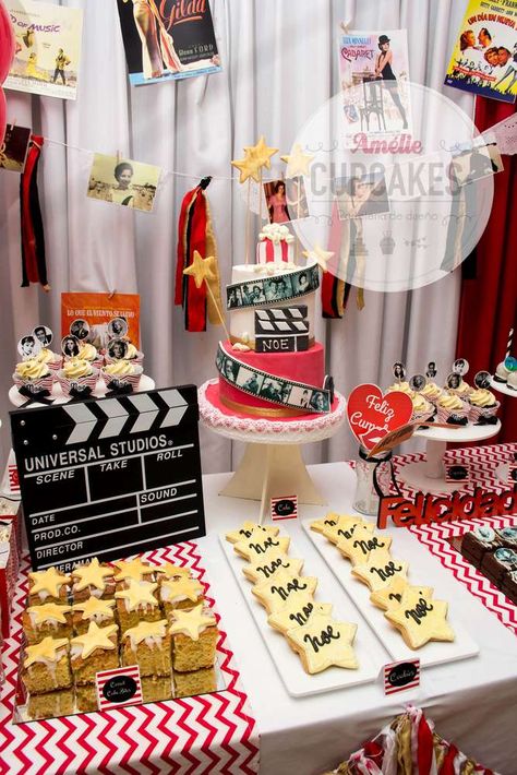 Hollywood Cinema Birthday Birthday Party Ideas | Photo 8 of 12 | Catch My Party Hollywood Cupcakes Ideas, Cinema Theme Party Decoration, Movie Premiere Birthday Party Ideas, Cinema Birthday Party Ideas, Movie Star Party Theme, 15 Birthday Party Themes, Movie Star Birthday Party, Night At The Movies Theme Party, Hollywood Party Food Ideas