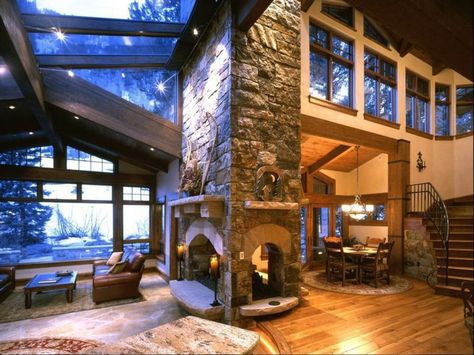 3-sided fireplace keeps the entire living area warm. 3 Sided Fireplace, Fireplace Style, Living Room Design Ideas, Room Design Ideas, Home Fireplace, Rustic Living, Rustic Living Room, Living Room Design, Fireplace Design