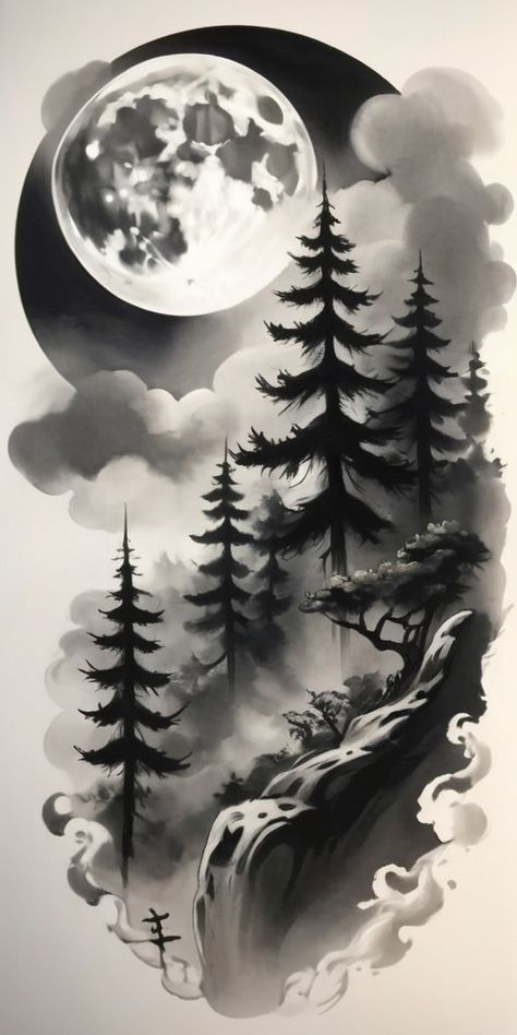 Forest Nature Drawing, Forest Background Tattoo, Design Tattoo Black And Grey, Forest Tattoo Sketch, Moon Nature Tattoo, Forest Trees Tattoo, Forrest Tattoo Designs, Tree Moon Tattoo, Moon Mountain Tattoo