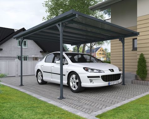 The Verona Carport provides you with an attractive, durable, and multi-purpose cover designed to protect your vehicle or garden furniture from the harsh elements. This carport has been crafted to be as efficient and simple to install with ease by 2 people using the sliding panels’ assembly system. The Verona presents you and your family with an elegant and sturdy structure to be utilized all year-round. Canopia by Palram 10-ft W x 16-ft L x 6.7-ft H Gray Frame and Bronze Roof Panels Aluminum Car Bronze Roof, Metal Carport Kits, Carport Aluminium, Aluminum Carport, Building A Carport, Polycarbonate Roof Panels, Carport Kits, Carport Garage, Metal Carports