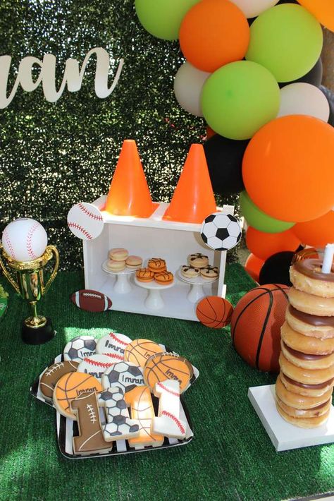 Indoor Sports Birthday Party Games, 40th Birthday Sports Theme, Sports Theme Birthday Decor, Sports Party Table Decor, All Star Party Theme Sports, Multi Sport Birthday Party, All Star Birthday Party Decoration, 2 Year Sports Birthday, Rookie Year First Birthday All Sports