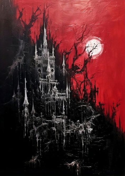 Gothic Mural Paintings, Gothic Red Aesthetic, Red Gothic Wallpaper, Dark Fairytale Art, Goth Painting Ideas, Gothic Art Painting, Romantic Gothic Aesthetic, Red Goth Aesthetic, Vampire Aesthetic Wallpaper