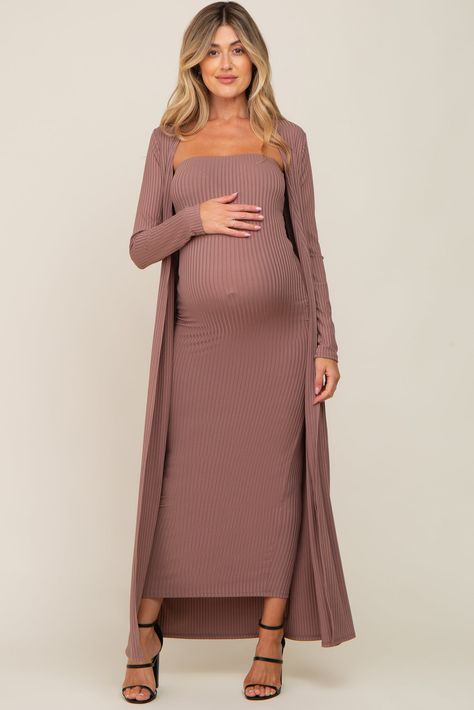 Mocha Ribbed Sleeveless Dress Cardigan Maternity Set– PinkBlush Maternity Dress With Cardigan, Babyshower Dress, Fall Maternity Outfits, Maternity Work Clothes, Midi Dress Long Sleeve, Trendy Maternity Outfits, Maternity Dresses For Baby Shower, Shower Outfits, Dress Cardigan