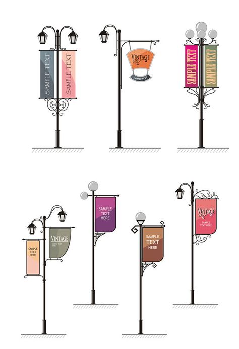 Street light banner design Street Light Design, Pole Banners, Street Banners, Wayfinding Signage Design, Sign System, Different Signs, Outdoor Signage, Light Pole, Urban Furniture