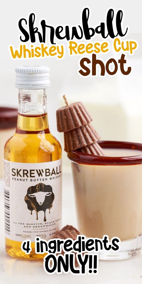 Skrewball Whiskey Reese Cup Shots are filled with delicious flavors of chocolate, peanut butter, and the warmness of whiskey. Only 4 ingredients needed for the perfect party drink! Chocolate Peanut Butter Shots, Reeses Peanut Butter Cup Shots, Skrewball Whiskey Shot Recipes, Shots With Peanut Butter Whiskey, Screwball Whiskey Shots, Peanut Butter Shots Alcohol, Butter Ripple Schnapps Shots, Yummy Shots Alcohol, Peanut Butter Whisky Cocktails