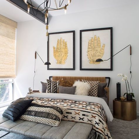 A neutral palette, but you know us - we couldn't resist throwing in eclectic patterns that do all the talking ⚡ All come together to create a guest bedroom guaranteed to get you into some trouble... aka, your guests will never want to leave. atelier interior design | denver interior design | chic bedroom | chic interiors | eclectic interiors | eclectic patterns | eclectic interior design | bedroom design inspiration | neutral color palette | neutral bedroom | neutral interiors Moody Bedroom Ideas Bohemian, Guest Bedroom Eclectic, Industrial Eclectic Bedroom, Colorado Style Homes Interiors, Eclectic Bedroom White Walls, Colorado Themed Bedroom, Contemporary Eclectic Bedroom, Funky Master Bedrooms Decor, Colorado Bedroom Decor