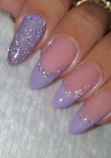 Purple And Pearl Nails, Lilac Nails Design Nailart, Lavender Hoco Nails, Purple Nails Birthday, Olivia Rodrigo Inspired Nails, Tangled Themed Nails, Purple Gel X Nails, Purple Holiday Nails, Purple Glitter Nail Designs