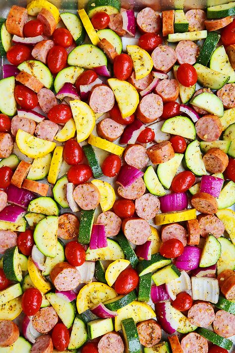 Sausage, Zucchini + Tomato Sheet Pan Dinner – The Comfort of Cooking Sausage And Potatoes Skillet, Chopped Steak, Zucchini Tomato, Recipes For The Whole Family, Easy Sheet Pan Dinners, Sheet Pan Dinners Recipes, Greek Seasoning, Zucchini Squash, Sausage And Peppers