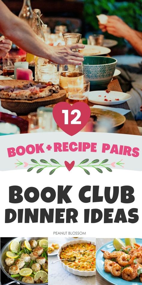 This is a huge list of all the book club dinner ideas you would ever need. Easily plan an entire year of book club parties and pair your book club book of the month with an easy themed dinner menu to go with it! You could take turns hosting or do it potluck style for the best book club dinner ever. Easy Book Club Desserts, Book Club Brunch Recipes, Book Club Food Easy Recipes, Bookclub Dinner Ideas Food Recipes, Themed Book Club Ideas, Literary Dinner Party, Book Club Potluck Ideas, Hosting A Book Club Meeting, Bookclub Food Ideas