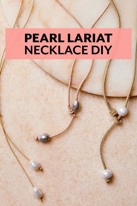 Leather and Pearl Lariat Necklace tutorial from Martha Stewart Leather Pearl Necklace Diy, Lariat Necklace Diy, Leather Necklace Diy, Leather Pearl Jewelry, Diy Statement Necklace, Diy Pearl Necklace, Leather Cord Jewelry, Necklaces Diy, Leather Jewelry Making