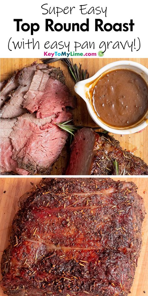 The perfect top round roast beef recipe! A flavorful roast that’s sure to be a family favorite - perfect for a Sunday or holiday dinner. KeyToMyLime.com Crockpot Top Round Roast, Beef Round Tip Roast, Slow Cooker Round Roast, Top Roast, Top Round Roast Recipe, Bottom Round Roast Recipes, Top Round Roast Beef, Top Round Roast, Roast Beef Recipe