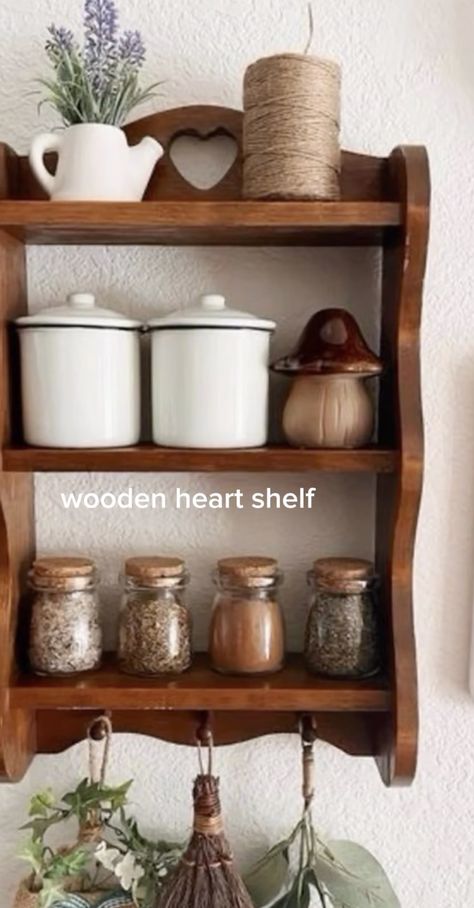 Knick Nack Shelf, Wooden Heart Shelf, Thrift Basics, Small Home Storage Ideas, Cottage Homestead, Cottage Style Bedroom, 1800s Home, Heart Shelf, Chicken Kitchen