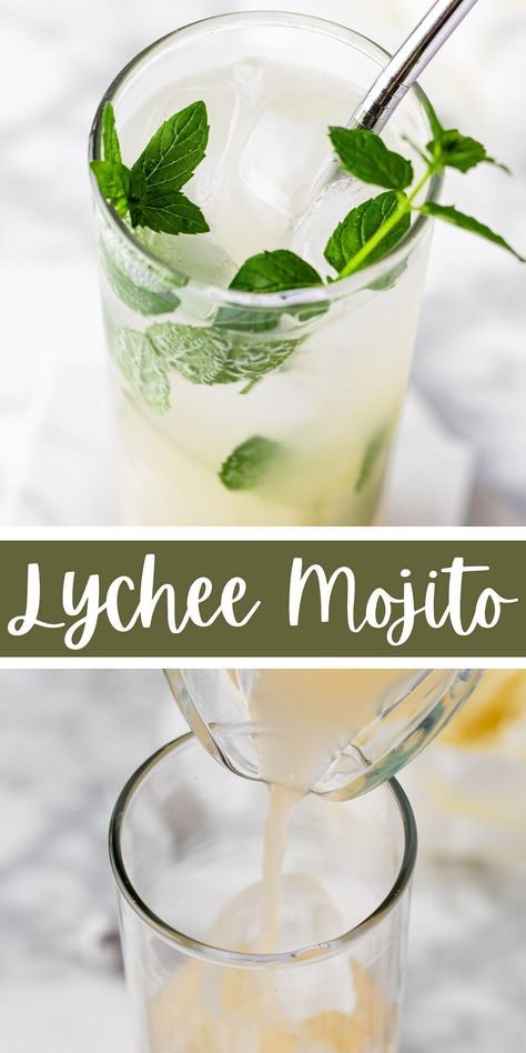 This lychee mojito is a fresh and refreshing summer cocktail. The light and floral flavors from the lychee give a unique twist on the classic mojito. Lychee Mojito Recipe, Lychee Juice Cocktail, Desert Cocktails, Witchy Cocktails, Mango Tango Drink, Lychee Mocktail, Lychee Drink, Lychee Mojito, Sweet Drinks Recipes