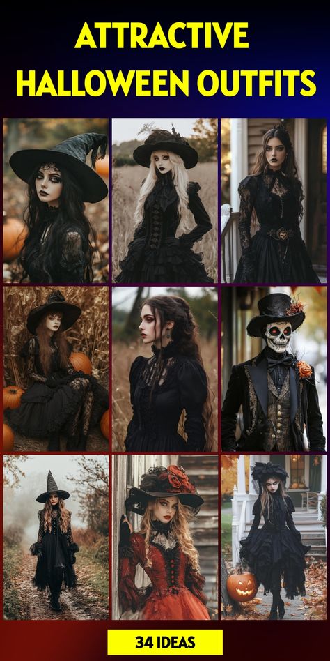 Embrace the dark side of fashion with these hauntingly beautiful halloween outfits. From elegant Victorian ghosts to modern-day monsters, discover your perfect halloween persona. Choose from 34 hairstyle variations to complete your look. Mix and match elements from different eras for a unique twist on classic costumes. Make a lasting impression with these carefully crafted ensemble ideas. Black Gown Halloween Costume, Gothic Ghost Costume, Gothic Victorian Halloween Costume, Haunted Outfit Ideas, Classy Witch Costume For Women, Victorian Ghost Halloween Costume, Modern Day Witch Costume, Different Witch Costumes, Halloween Dinner Outfit