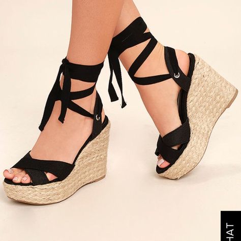 Lace Up Espadrille Wedges, Senior Stuff, Wedges Black, Lace Up Espadrilles, Toe Post Sandals, Lace Up Wedges, Studded Heels, Prom Shoes, Black High Heels