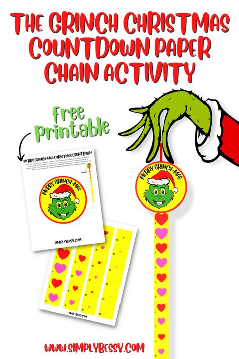 The Grinch Christmas Countdown Paper Chain - Free Printable Template Grinch Paper Chain, Grinch Christmas Countdown, Countdown Paper Chain, Grinch Printable, Christmas Paper Chains, Countdown Activities, Grinch Heart, The Grinch Christmas, Grinch Party