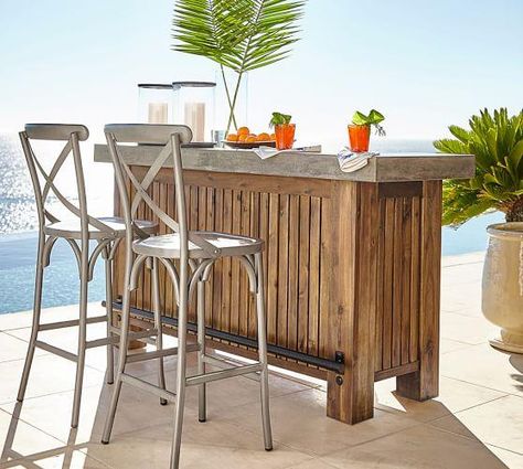 Concrete and Brown Wood Bar Area Bar Exterior, Weathered Furniture, Scandinavian Dining, Concrete Furniture, Patio Bar, Outdoor Dining Furniture, Wood Bar, Outdoor Bar, Pool Patio