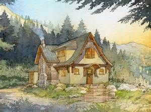 Drawing of Storybook cottage in the forest Storybook Homes Plans, Fairy Mural, Houses Watercolor, Modern Mountain Cabin, Cottage Drawing, Cottage Architecture, Cottage Illustration, Storybook House, Forest Drawing