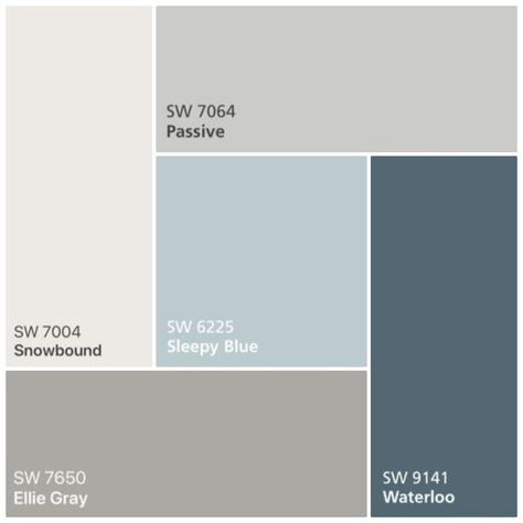 This cool color palette features greys and blues. The light tones contrast against the darker toned for a balanced palette. This palette is perfect for a modern or coastal styled home. All paints c… Passive Gray Color Palette, Waterloo Color Palette, Cool Color Palette, Road House, House Color Palettes, Pintura Exterior, House Color Schemes, Grey Color Palette, Paint Swatches