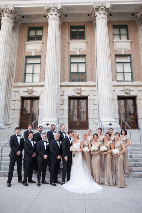 Glamorous Champagne and Blush Downtown Tampa Wedding | The Vault Champagne Wedding Bridal Party, Champagne Wedding Dress With Bridesmaids, Wedding Dress With Bridesmaids, Big Bridal Party, Wedding Party Colors, Champagne Wedding Themes, Gold Wedding Party, Champagne Wedding Dress, Champagne Wedding Colors