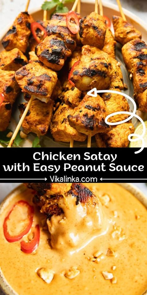 The success of this chicken satay recipe comes from a delicious marinade and an easy peanut sauce, which could be made in 5 minutes! Chicken Satay Marinade, Satay Sauce Recipe, Chicken Satay With Peanut Sauce, Peanut Sauce Chicken, Peanut Satay Sauce, Chicken Satay Recipe, Easy Peanut Sauce, Satay Recipe, Peanut Butter Chicken