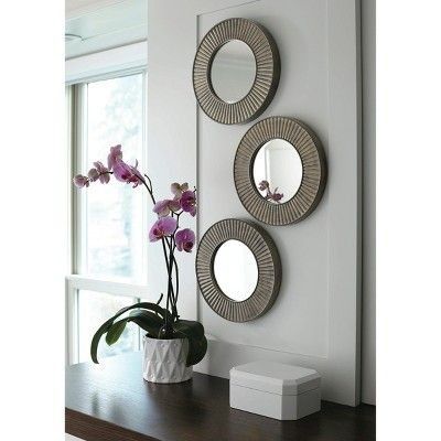 Tip 💡: Decorating with mirrors illuminates your home. Hang them strategically to capture the light of glowing candles, sconces and chandeliers. Mirrors On Wall Ideas, 3 Mirror Wall Decor, Mirrors On Wall, Circle Mirrors, Wall Mirror Decor Living Room, Sunburst Mirrors, Farmhouse Wall Mirrors, Small Round Mirrors, Wall Mirrors Entryway