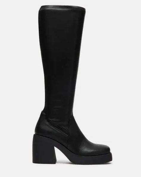 POWERFUL + ESSENTIAL + CONTEMPORARY The BERKLEIGH square toe knee boot gives you a sleek and defined silhouette with a stretch fabric construction and platform sole with a block heel. #stevemadden #blackwidecalfboots #AD Black Wide Calf Platform Boots, Knee High Sock Boots, Wide Calf Knee High Boots, Butterfly Heels, Bday Wishlist, Fold Over Boots, 18th Bday, Denim Heels, Fabric Construction