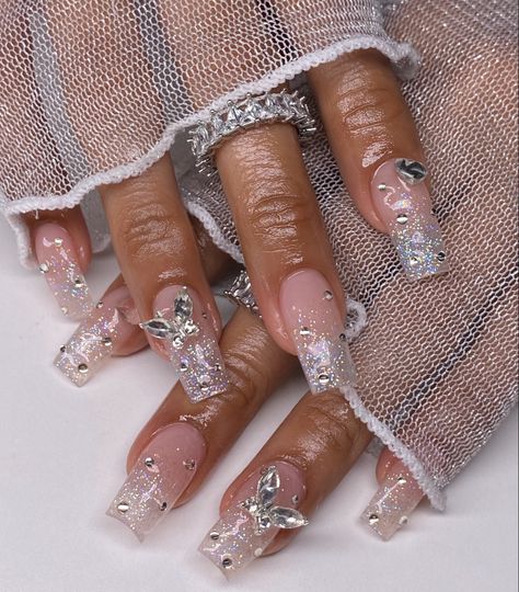 Sparkle Square Nails, Blinged Out Nails Rhinestones, Blinged Out Nails, Dr Claims, Nails Rhinestones, Long Natural Nails, Ombré Nails, Aesthetic Nails, Casual Nails