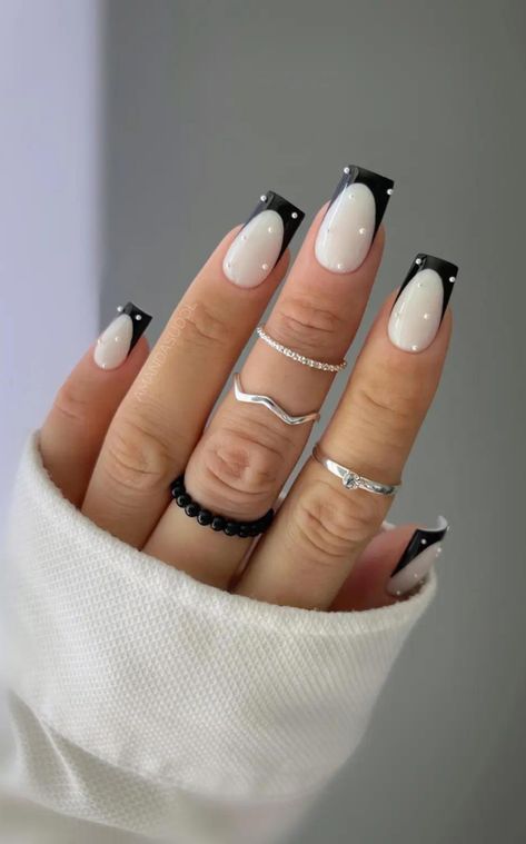 Reverse French Nails, Black French Nails, Black And White Nail Designs, White French Nails, Zebra Print Nails, Crazy Nail Designs, Black French Tips, Milky Nails, Acrylic Nail Shapes