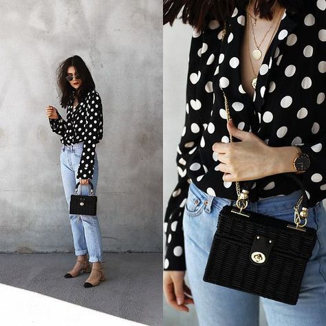 92af93f73faf3cefc129b6bc55a748a9desc34408666ri Vintage Shirts Outfit, Polka Dot Shirt Outfit, Polka Dot Blouse Outfit, Polka Dot Top Outfit, Dots Outfit, Zara Bag, Style Parisienne, Polka Dots Outfit, Polka Dots Fashion