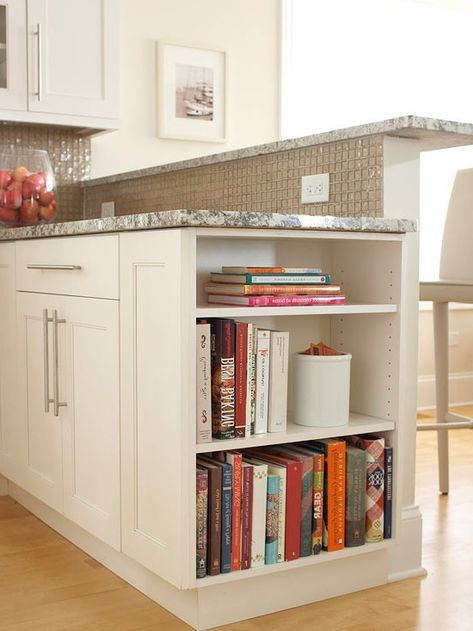 I want open shelves at one end of island to display cookbooks Small Kitchen Bookshelf Ideas, Kitchen Island Side Shelf, Bookshelf In Kitchen Island, Bookshelf On Island, Kitchen Peninsula Bookshelf, Shelves At End Of Kitchen Island, Kitchen Island Bookshelf Ideas, Kitchen Island With Bookcase On End, Kitchen Islands With Bookcase End