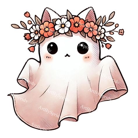 Ghost Witch Drawing, Cute Ghost With Flowers, Halloween Animals Drawing, Cat Halloween Drawing, Halloween Cute Art, Spooky Cat Drawing, Kawaii Cat Tattoo, Cute Spooky Drawings, Ghost With Flower Crown