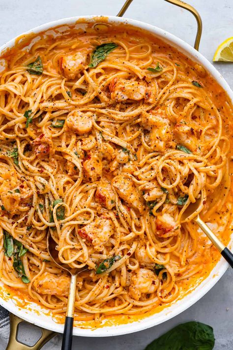 Creamy Tomato Seafood Pasta, Lobster Noodles Recipe, Creamy Pasta With Shrimp Recipes, Easy Lobster Pasta Recipe, Lobster Linguine Recipe, Langostino Lobster Recipes Pasta, Lobster Pappardelle Recipe, Lobster Noodles Chinese, Lobster Vodka Pasta