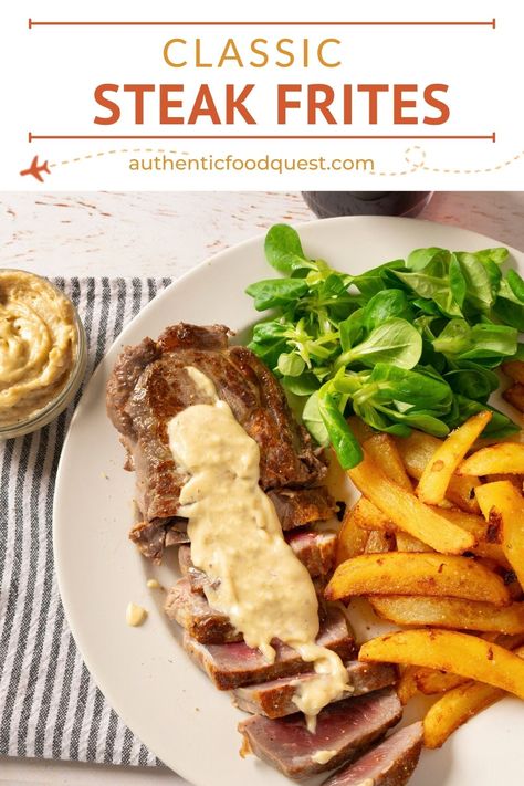 Steak Frites Recipe, French Steak, International Desserts, Parisian Bistro, Crispy French Fries, Classic French Dishes, Steak Frites, Simple Green Salad, Steak Fries