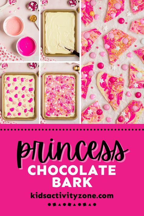 Throwing a princess themed party? Have a daughter that wants to get into the kitchen? This quick and easy Princess Chocolate Bark is the answer for either or just a fun treat to make! White Chocolate Bark Recipes, Easy Bakes, Rainbow Popsicles, Homemade Gummies, Easy Kid Activities, White Chocolate Bark, Chocolate Bark Recipe, Easy Snacks For Kids, Easy Holiday Recipes